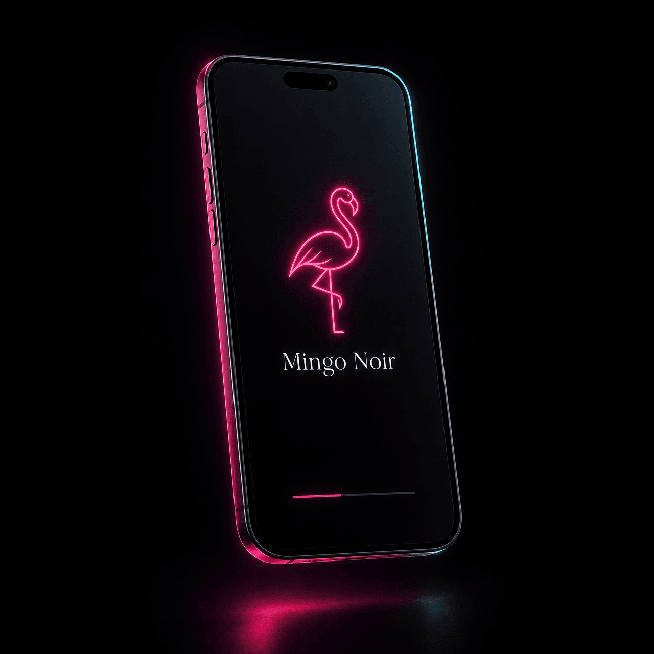 Mingo Noir app launching on a phone with the neon flamingo logo