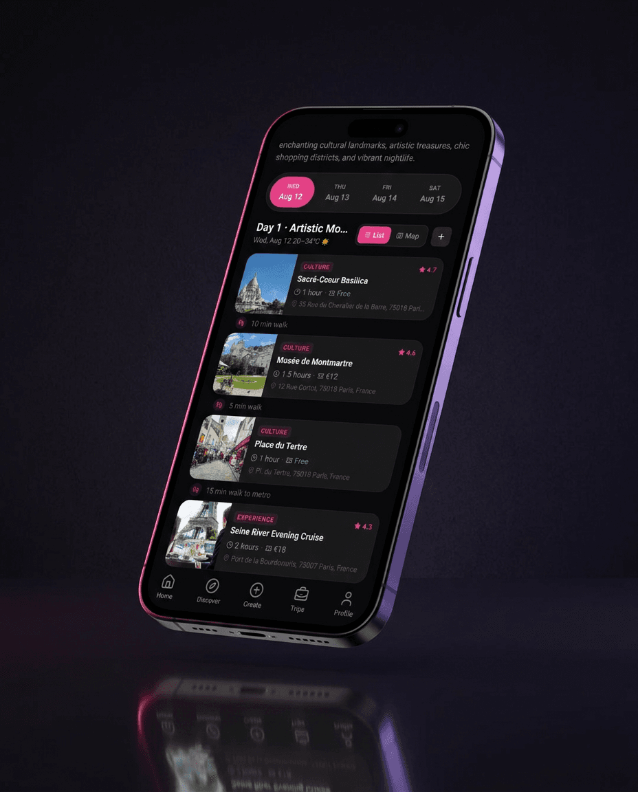 Mingo Noir app screen — AI-generated itineraries